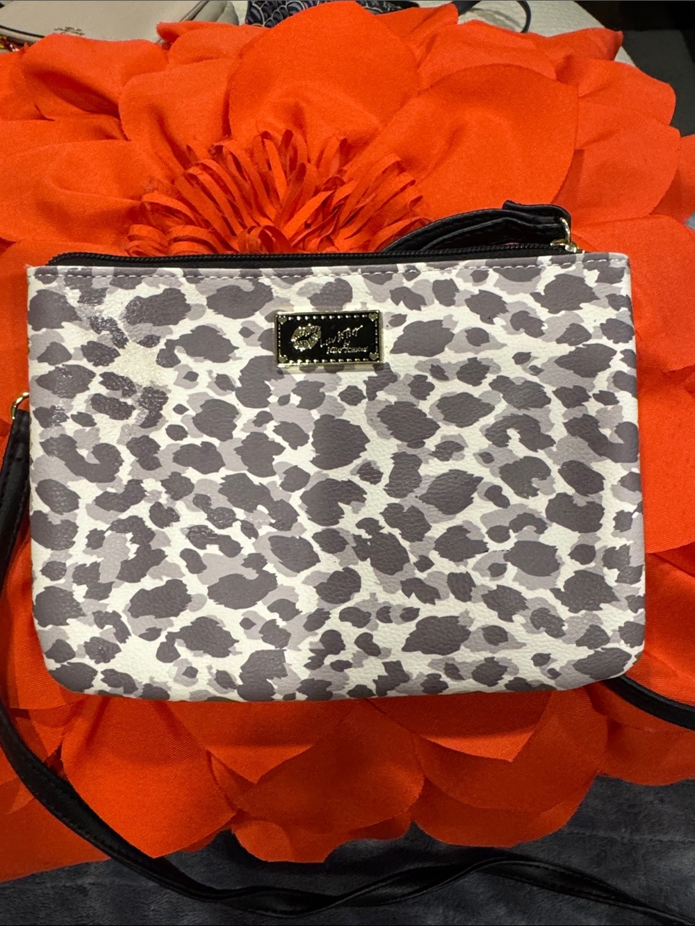 Betsey Johnson Gray Leopard Print small Crossbody or Wristlet with Black Strap